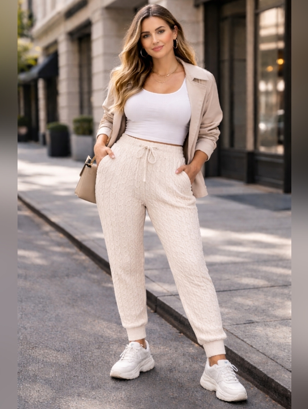NWT Beige Soft cable knit pants Medium/Large